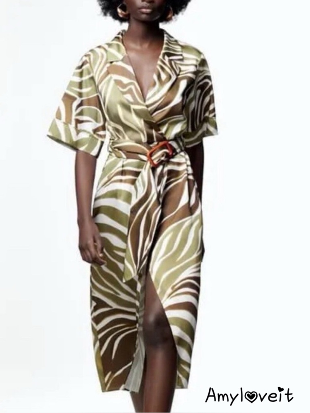 Zara Olive, Brown & White Wrap Midi Dress with Buckle Belt